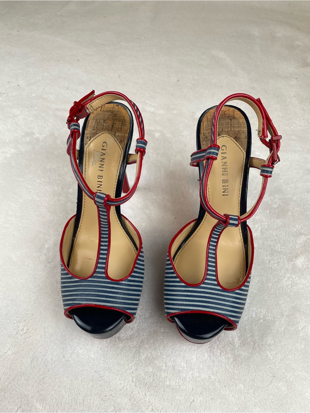 Gianni Bini Navy and White Striped T‑Strap Heels with Red Trim